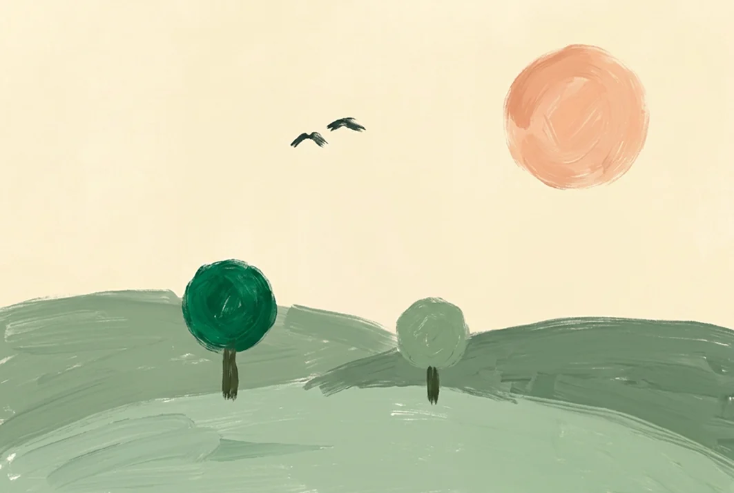 Illustrazione di colline con alberi, uccelli e sole