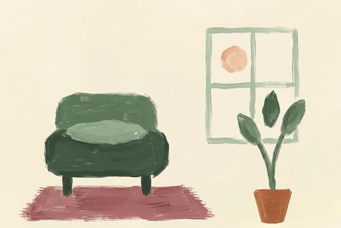 Illustrazione dello studio con poltrona e pianta